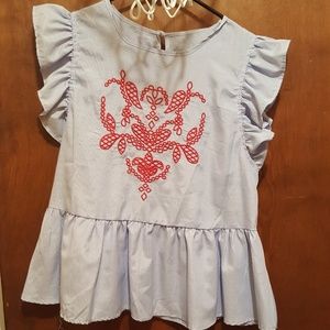  Striped Embroidery Ruffle Peplum Top
